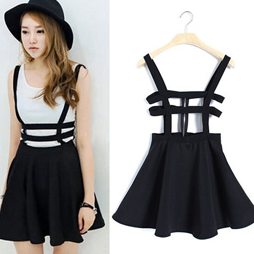 Women's Sexy Pleated Suspender Skirt Brace Hollow Out Bandage Mini Skater Dress