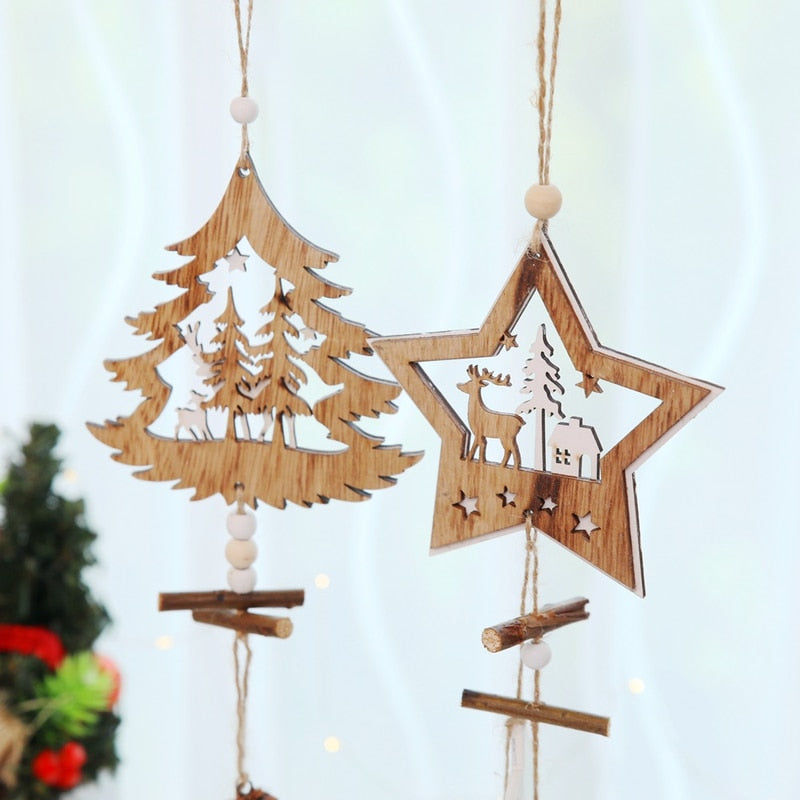 Adornos navideños de madera, colgantes de estrellas de madera, cono de pino, adornos colgantes para árbol de Navidad, decoración navideña para el hogar