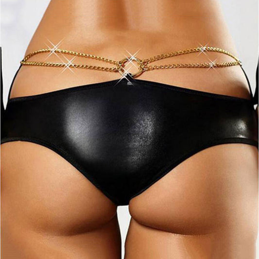 Plus Size Sexy Faux Leather Panties Women's Latex Wetlook Panties Underwear Black Sequin Chain Thong - The Styky Shack