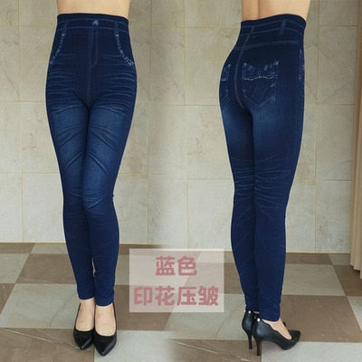 Women's Autumn Winter Jeans Plus Size Printing Imitation Denim Leggings High Waist Wear Stretch Plus Velvet Imitation Jeans Z136