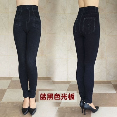 Women's Autumn Winter Jeans Plus Size Printing Imitation Denim Leggings High Waist Wear Stretch Plus Velvet Imitation Jeans Z136