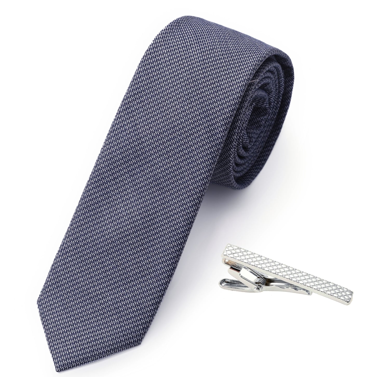 2.4 inch Chambray Skinny Cotton Blue Ties for Men  Summer Necktie  Royal Navy Blue Tie with one Tie Clip Gift Set - The Styky Shack