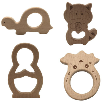 Wooden Teether Rings Natural Wood Teething Toys for Infant,Wooden Teether Animals for Toddler,Baby Soothing Pain Relief Toys