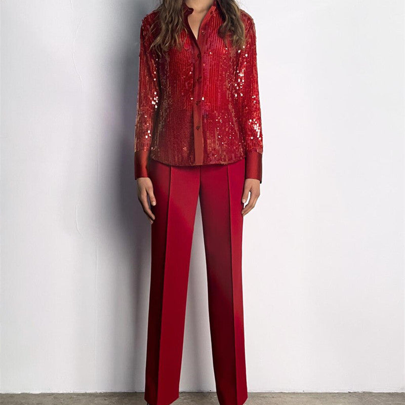 Women's Solid Color Lapel Sequined Long-sleeved Top