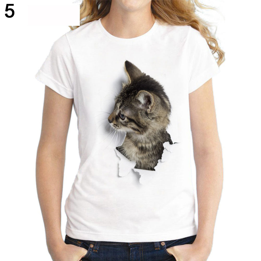 Camiseta informal de verano con estampado de gato en 3D, manga corta y cuello redondo para mujer