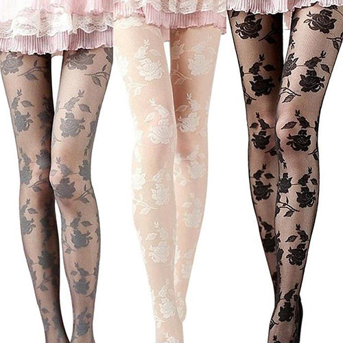 Women Fashion Rose Pattern Tight Lace Pantyhose Sexy See-through Stockings