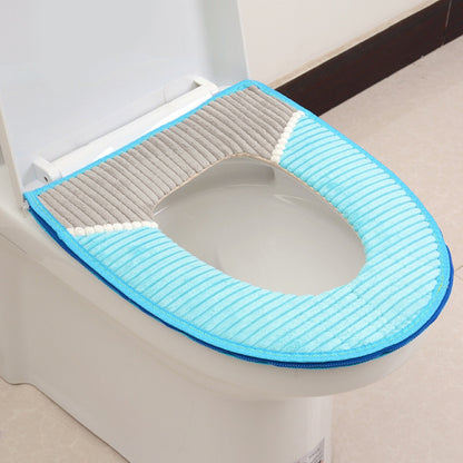 Funda para asiento de inodoro de baño, asiento de inodoro con hebilla adhesiva, rayas de pana gruesas, cojín para lavabo de baño impermeable y cálido para invierno