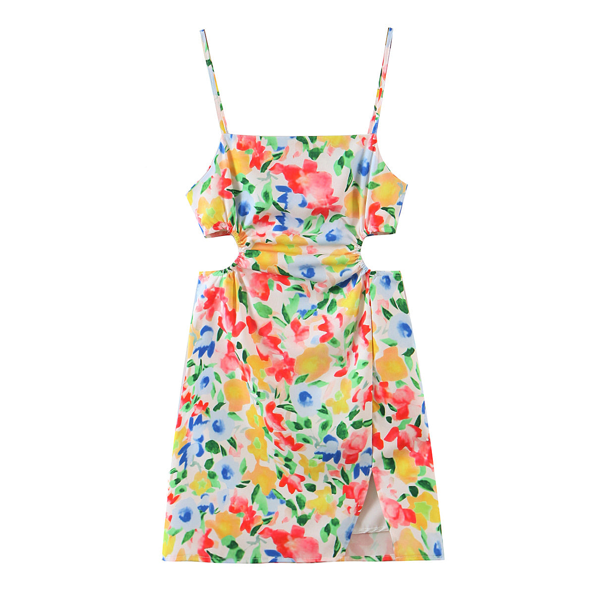 Tropical Blooming Printed Waist Elastic Hollowed Strap Dress