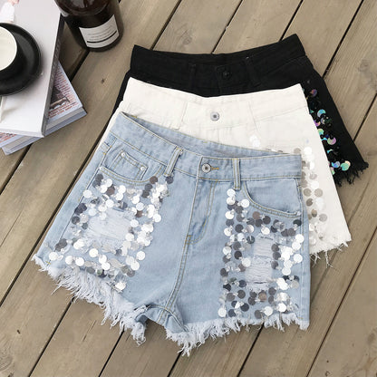 Beaded denim shorts with high waist