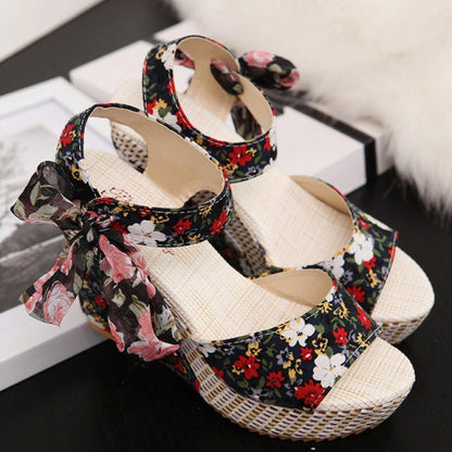 Sandalias de cuña con plataforma y lazo floral para mujer