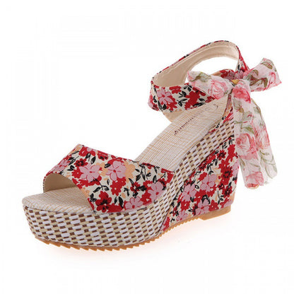 Sandalias de cuña con plataforma y lazo floral para mujer