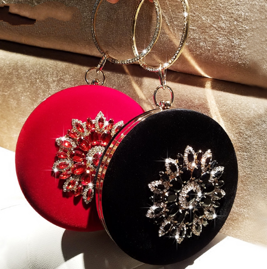 Women Evening Clutch Bags Velvet Diamond Ring Handbags Small Round Clutch