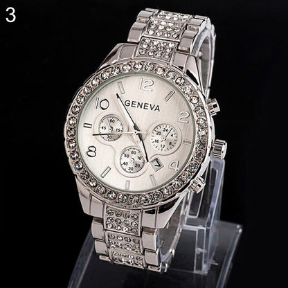 Reloj de pulsera analógico de cuarzo con banda de acero inoxidable y esferas decorativas Geneva para mujer