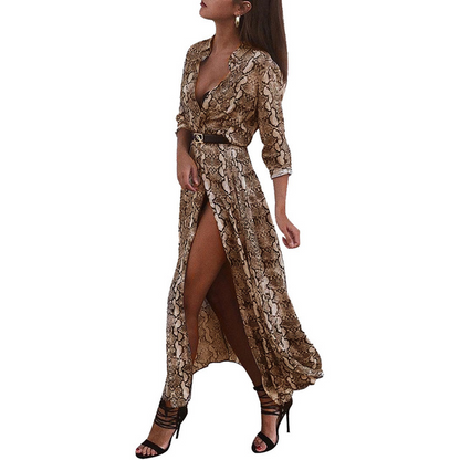 High Fashioned Snakeskin Pattern Long Dress w/ High Slit