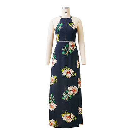 Sexy Backless Printed Vintage Long Skirt Dress