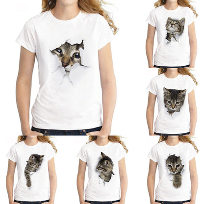 Camiseta informal de verano con estampado de gato en 3D, manga corta y cuello redondo para mujer