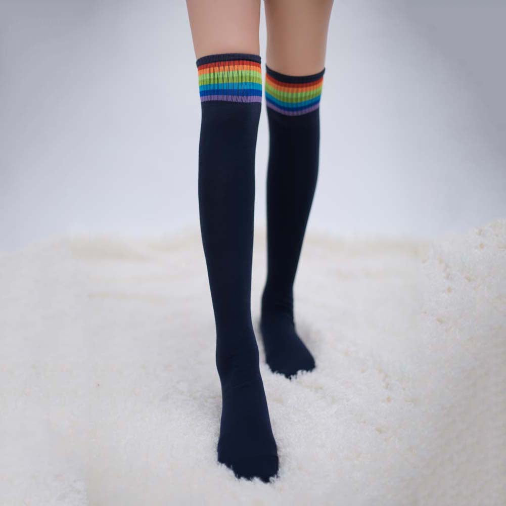 Women Girl Rainbow Stripe Tube Dress Over the Knee Thigh High Cosplay Socks