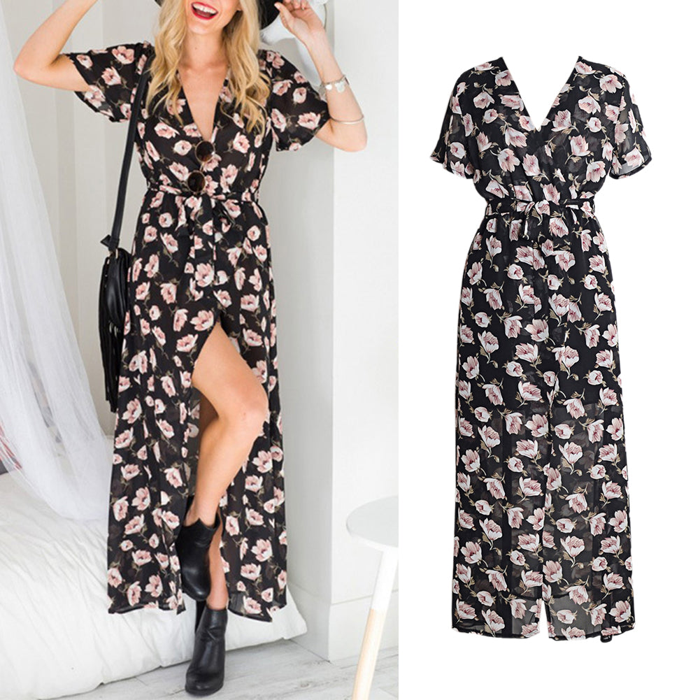 Vestido de manga corta holgado con estampado de flores sexy para mujer con cuello en V informal