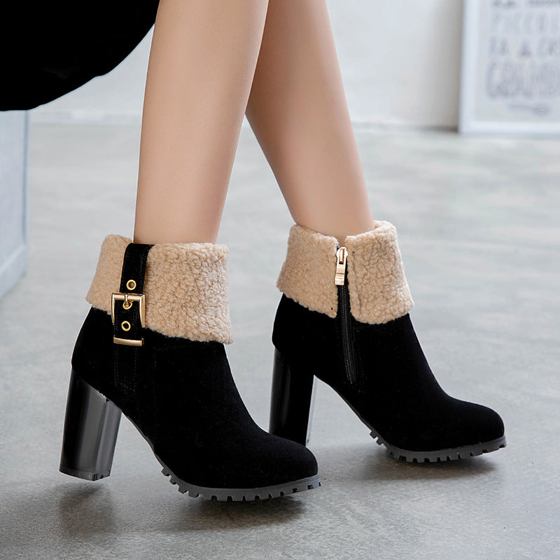 Warm high-heeled lamb wool snow boots