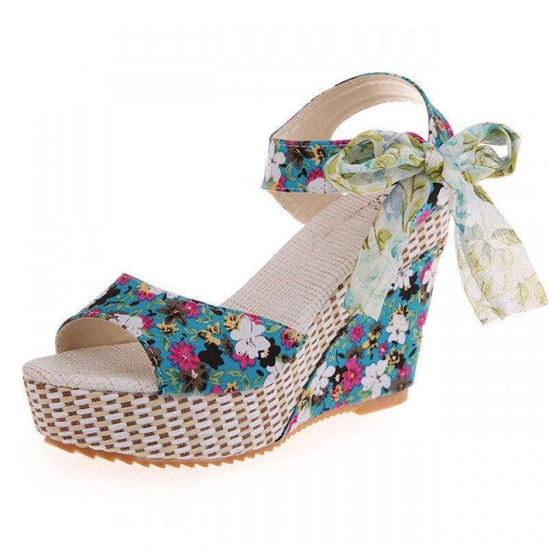 Sandalias de cuña con plataforma y lazo floral para mujer