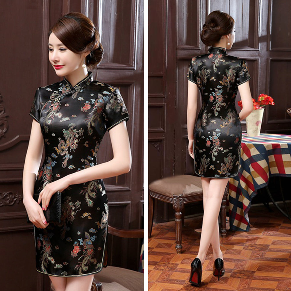 Women Chinese Dragon Phoenix Stand Collar Slim Cheongsam Dress