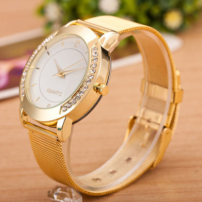 Women's Fashion Casual Rhinestone Stainless Steel Mesh Band Quartz Wrist Watch