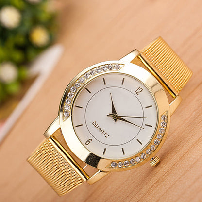 Women's Fashion Casual Rhinestone Stainless Steel Mesh Band Quartz Wrist Watch