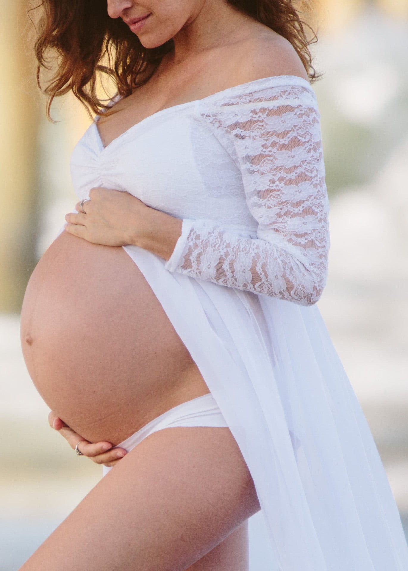 Conjunto de maternidad sexy de encaje de manga larga y escote profundo blanco