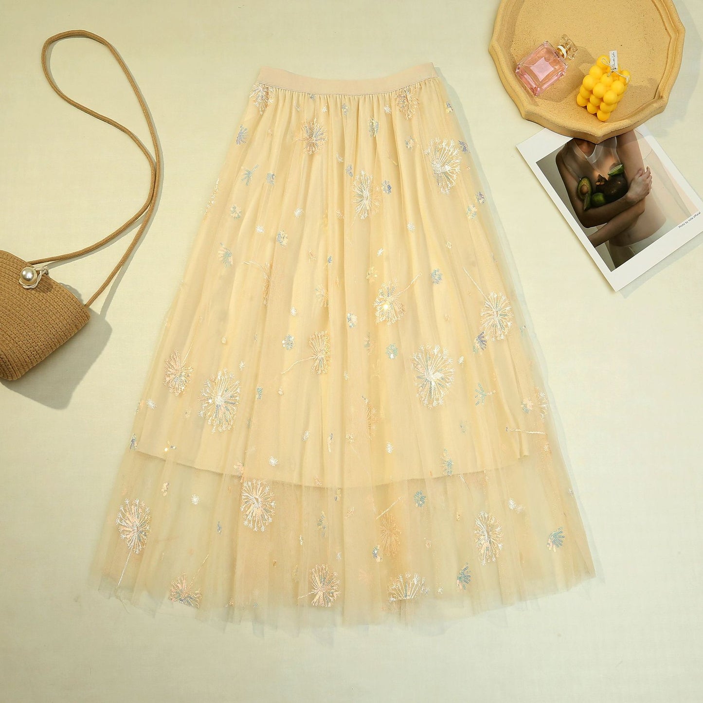 Pleated Tulle Skirt Dandelion Embroidered Long Skirt