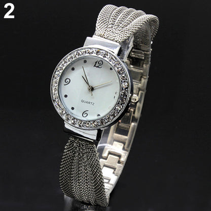 Women's Inlaid Rhinestone Mesh Band Bangle Quartz Analog Bracelet Wrist Watch