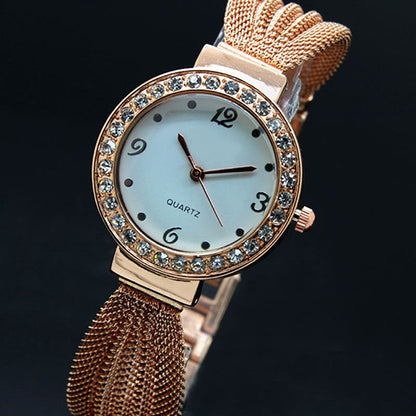 Women's Inlaid Rhinestone Mesh Band Bangle Quartz Analog Bracelet Wrist Watch