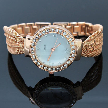 Women's Inlaid Rhinestone Mesh Band Bangle Quartz Analog Bracelet Wrist Watch