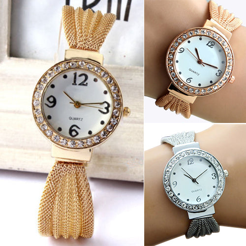 Women's Inlaid Rhinestone Mesh Band Bangle Quartz Analog Bracelet Wrist Watch