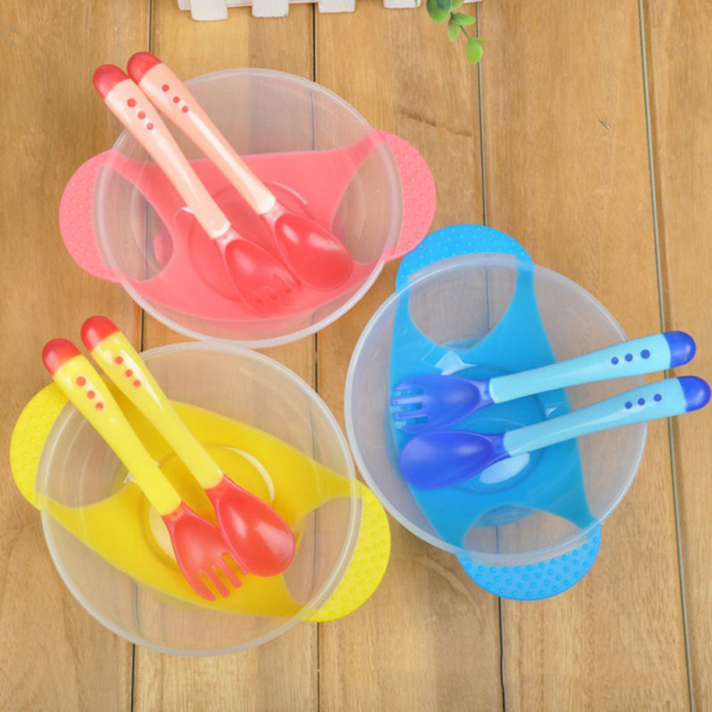 Baby Child Kids Suction Cup Training Feeding Bowl + Spoon + Fork Tableware Set