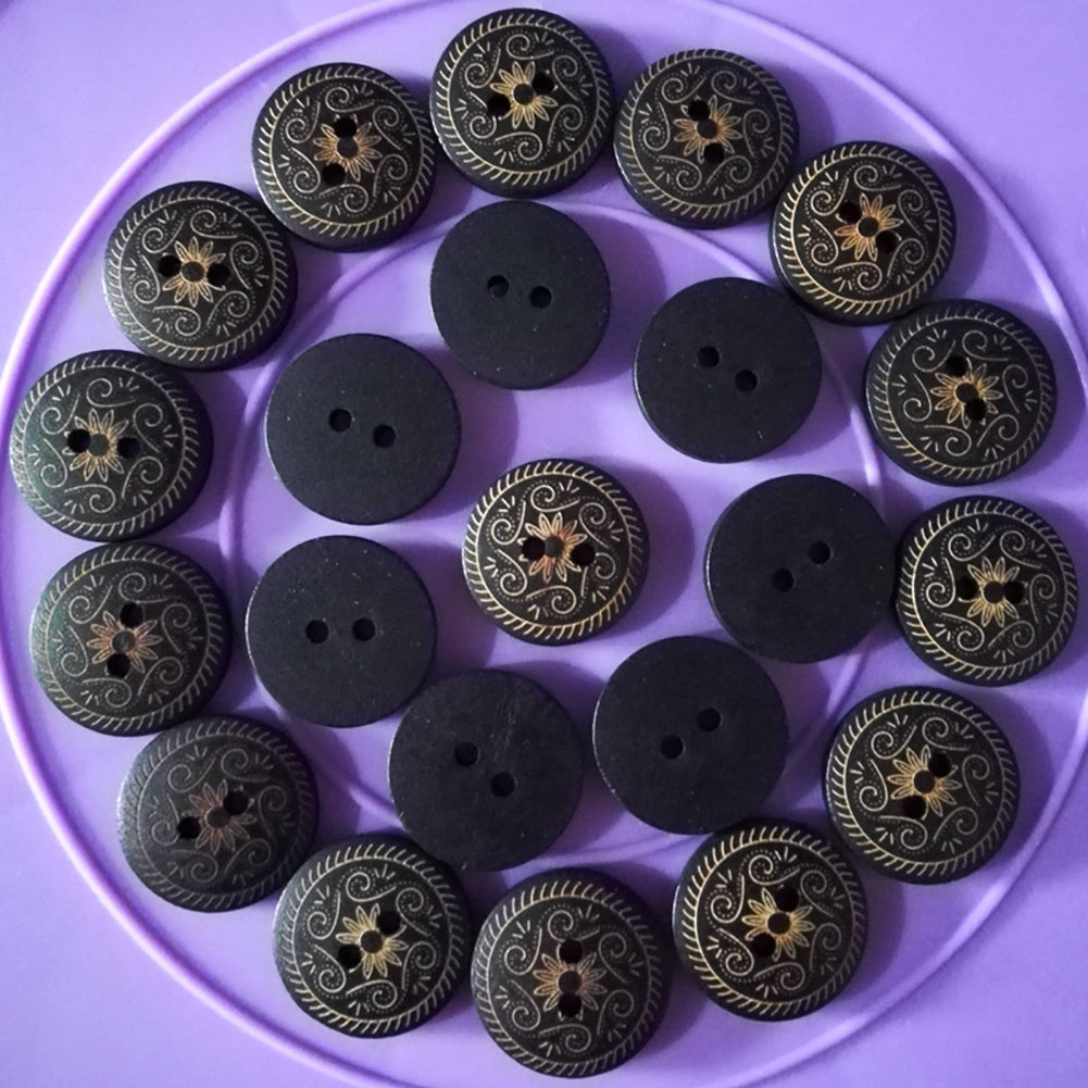 50 Pcs 18mm Round Wood Two Hole Buttons Floral Carved Craft Sewing Accessories