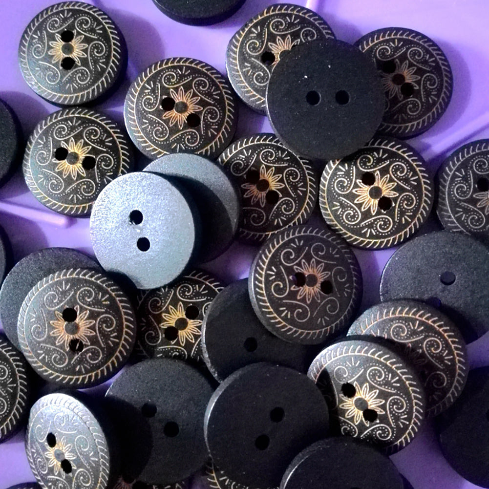 50 Pcs 18mm Round Wood Two Hole Buttons Floral Carved Craft Sewing Accessories