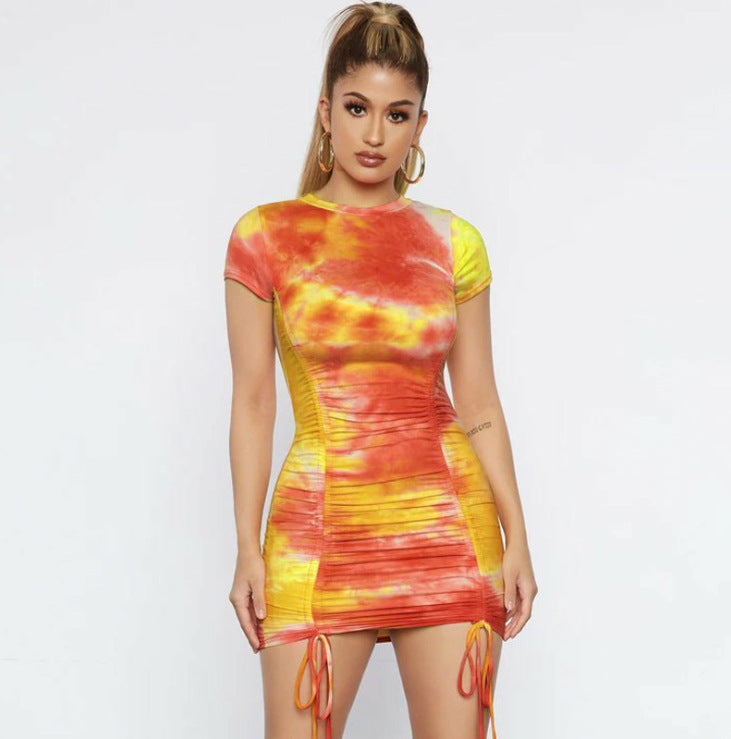 Vestido ajustado sexy fruncido con efecto tie-dye