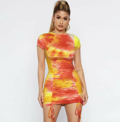 Vestido ajustado sexy fruncido con efecto tie-dye