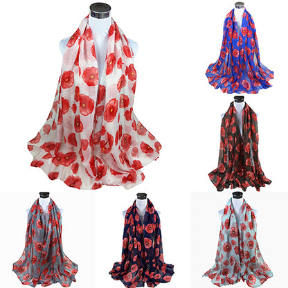 Women's Fashion Sexy Poppy Flowers Print Chiffon Comfortable Shawl Long Scarf