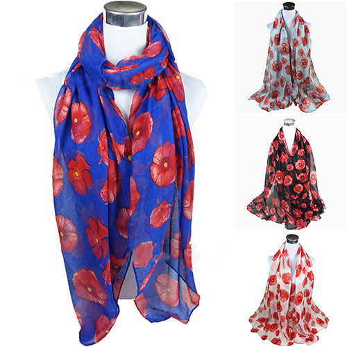 Women's Fashion Sexy Poppy Flowers Print Chiffon Comfortable Shawl Long Scarf