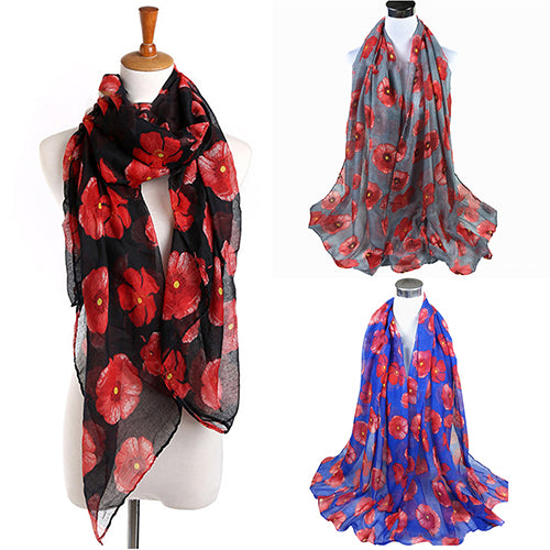 Women's Fashion Sexy Poppy Flowers Print Chiffon Comfortable Shawl Long Scarf