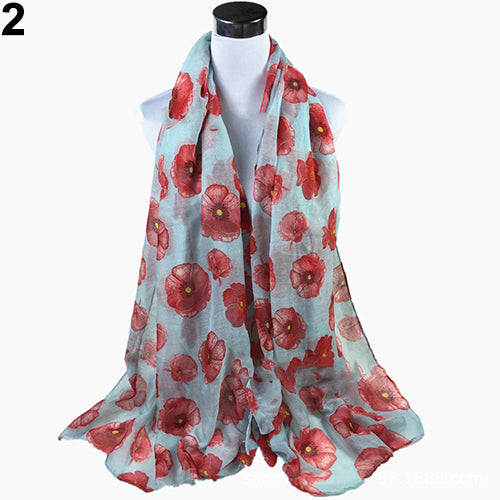 Women's Fashion Sexy Poppy Flowers Print Chiffon Comfortable Shawl Long Scarf