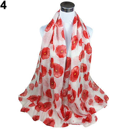 Women's Fashion Sexy Poppy Flowers Print Chiffon Comfortable Shawl Long Scarf