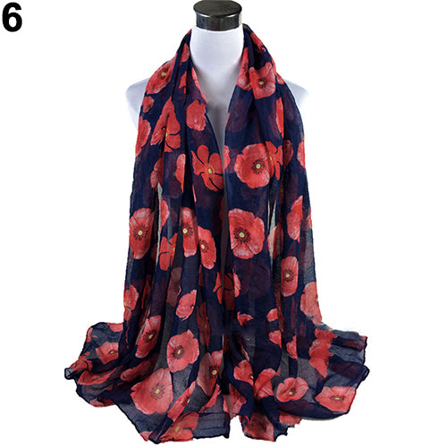 Women's Fashion Sexy Poppy Flowers Print Chiffon Comfortable Shawl Long Scarf