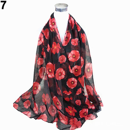 Women's Fashion Sexy Poppy Flowers Print Chiffon Comfortable Shawl Long Scarf