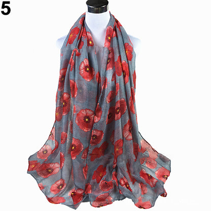 Women's Fashion Sexy Poppy Flowers Print Chiffon Comfortable Shawl Long Scarf