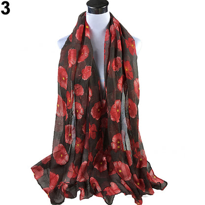 Women's Fashion Sexy Poppy Flowers Print Chiffon Comfortable Shawl Long Scarf