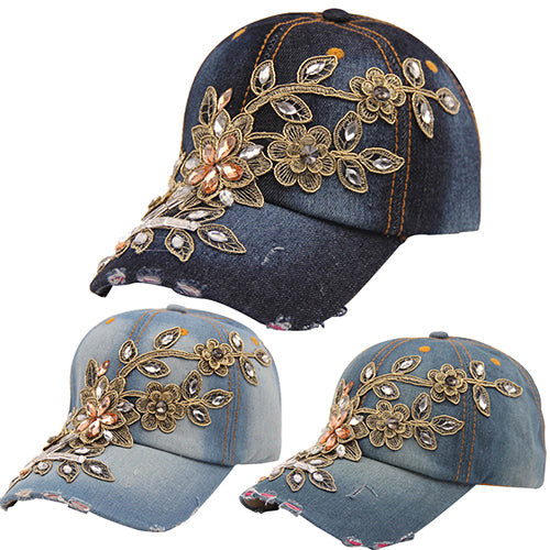 Gorra de béisbol de mezclilla con flores en relieve para mujer, sombrero de mezclilla con diamantes de imitación de verano