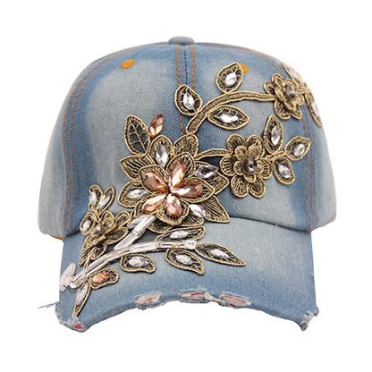 Gorra de béisbol de mezclilla con flores en relieve para mujer, sombrero de mezclilla con diamantes de imitación de verano