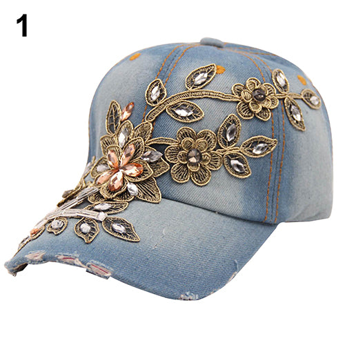 Gorra de béisbol de mezclilla con flores en relieve para mujer, sombrero de mezclilla con diamantes de imitación de verano